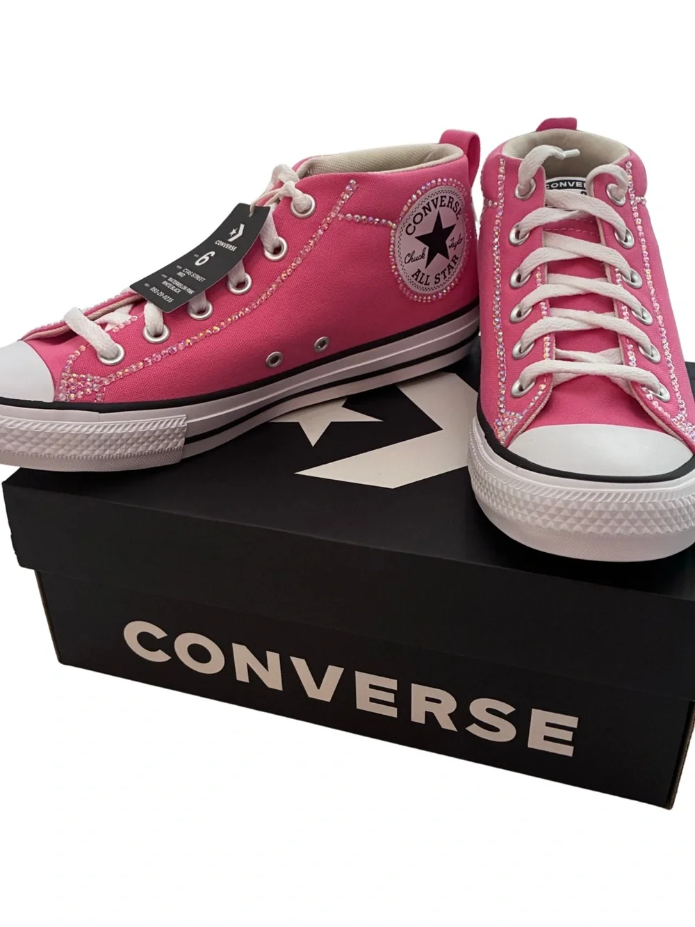 Converse Street Mid Watermelon Pink Kids 6 Custom Rhinestone Bling
